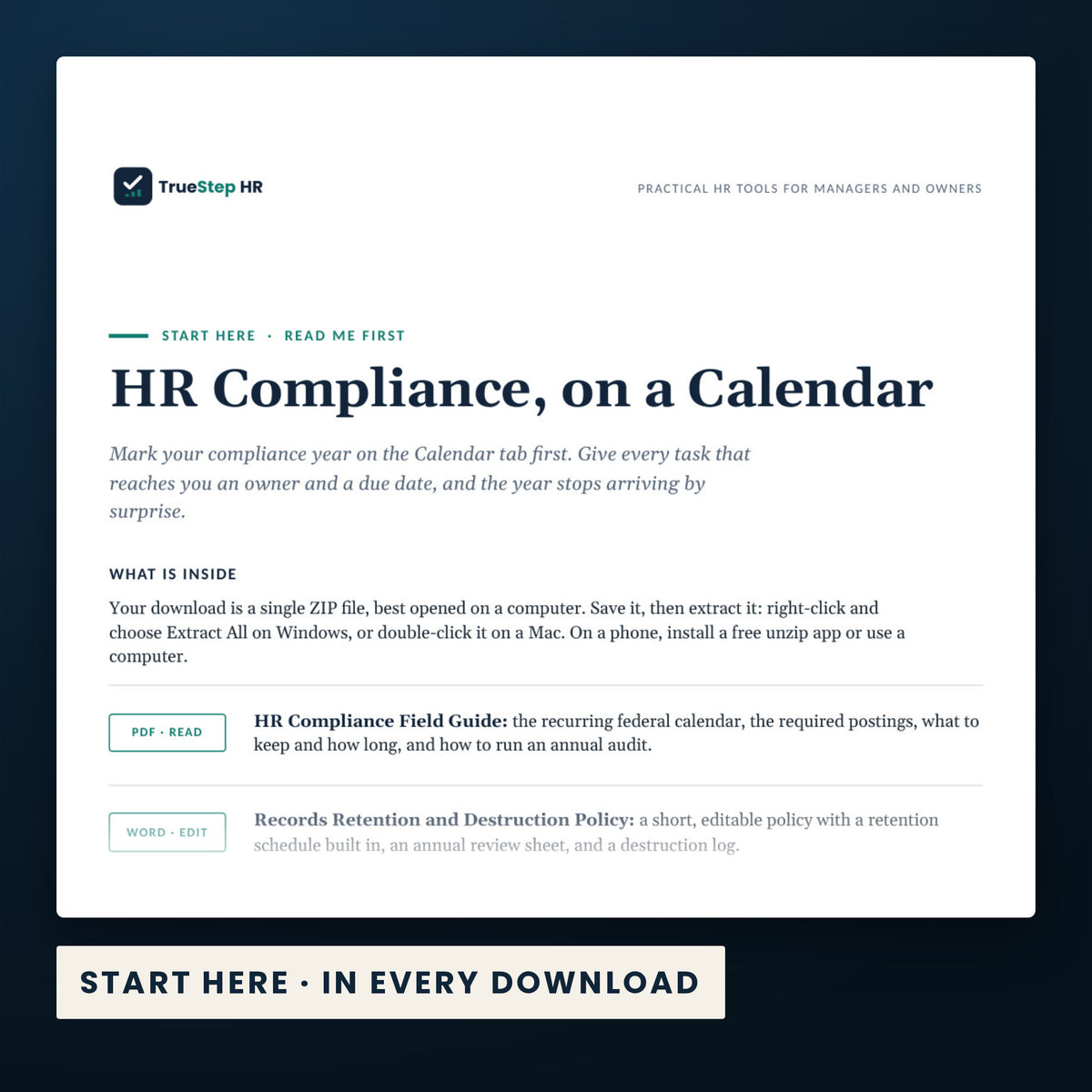 HR Compliance Calendar and Document Audit Kit — the Start Here guide from the download, listing every file and the order to use them.