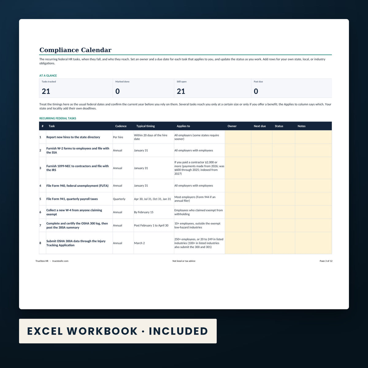 HR Compliance Calendar and Document Audit Kit — a page from the Excel workbook included in the download.