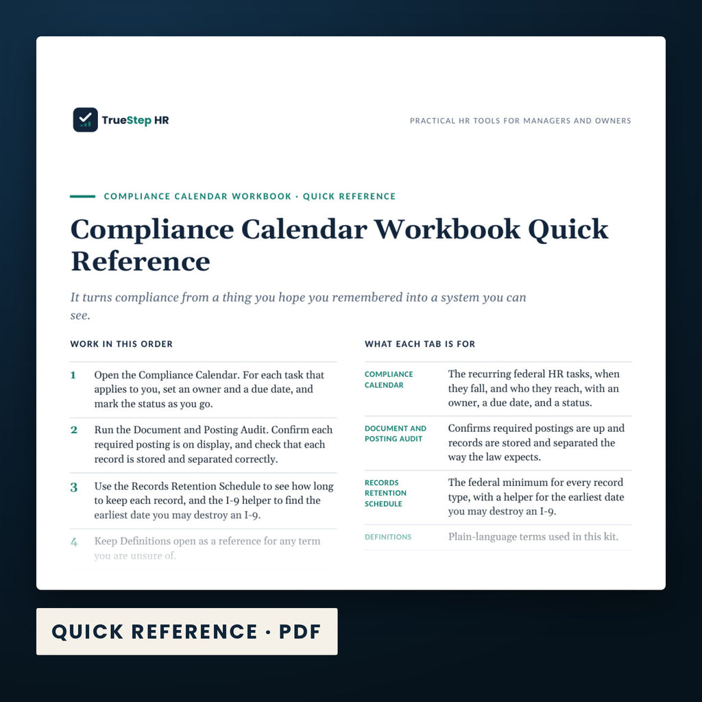 HR Compliance Calendar and Document Audit Kit — a page from Quick Reference, one of the files in this download.