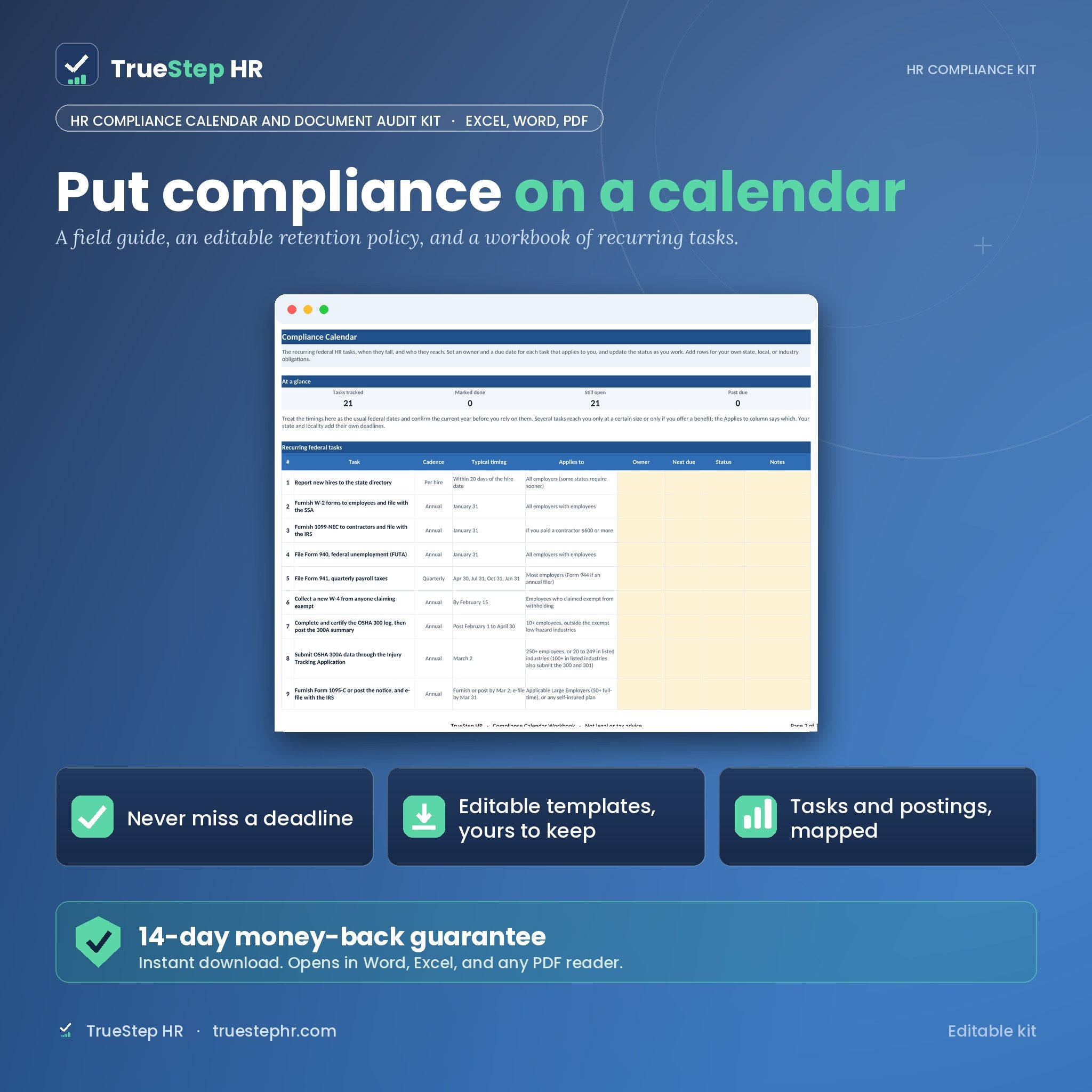 HR Compliance Calendar and Document Audit Kit by TrueStep HR