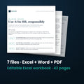 AI in HR Policy and Risk Checklist — the 7 files in this download shown as a stack of real pages: Excel + Word + PDF, 43 pages in all.