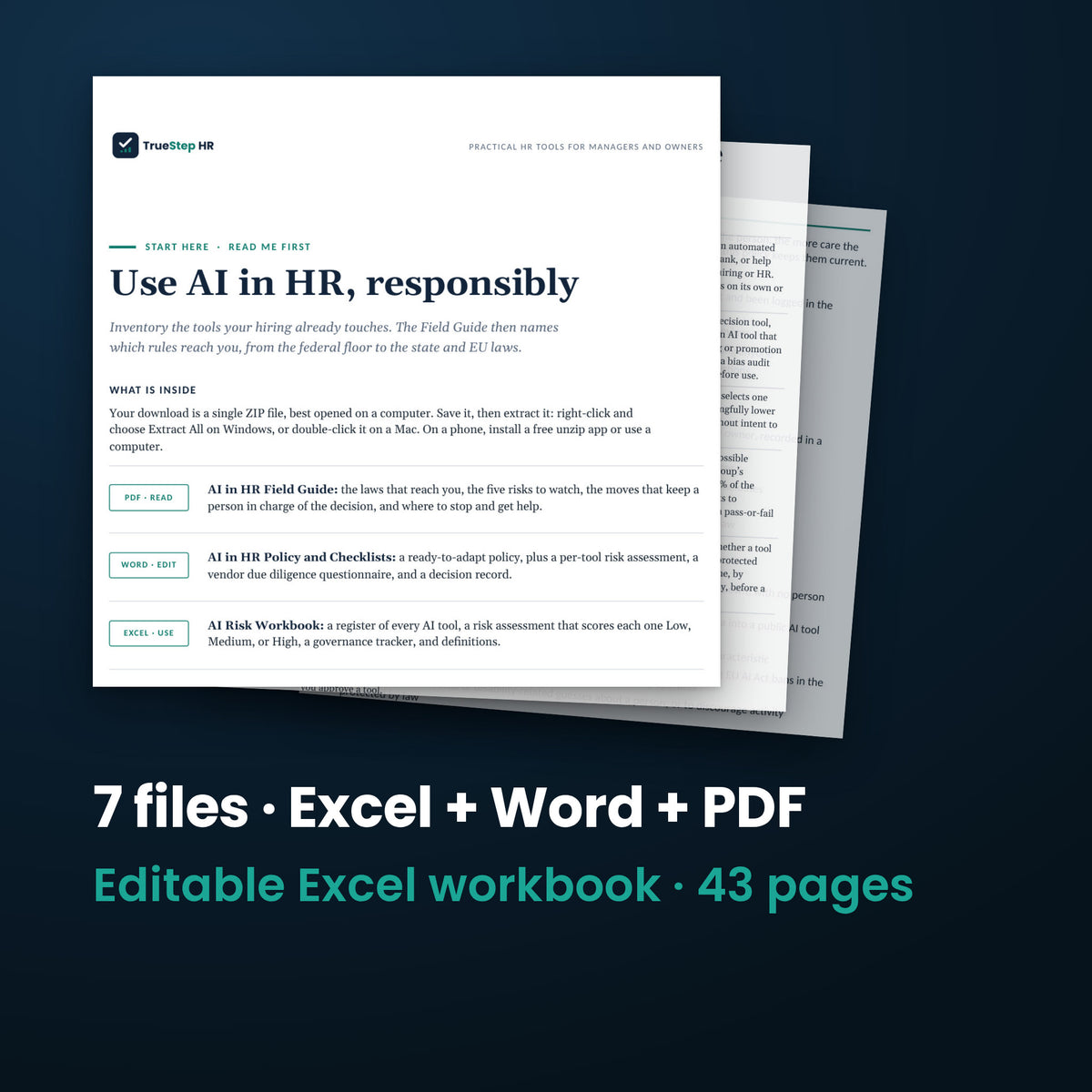 AI in HR Policy and Risk Checklist — the 7 files in this download shown as a stack of real pages: Excel + Word + PDF, 43 pages in all.