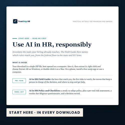 AI in HR Policy and Risk Checklist — the Start Here guide from the download, listing every file and the order to use them.