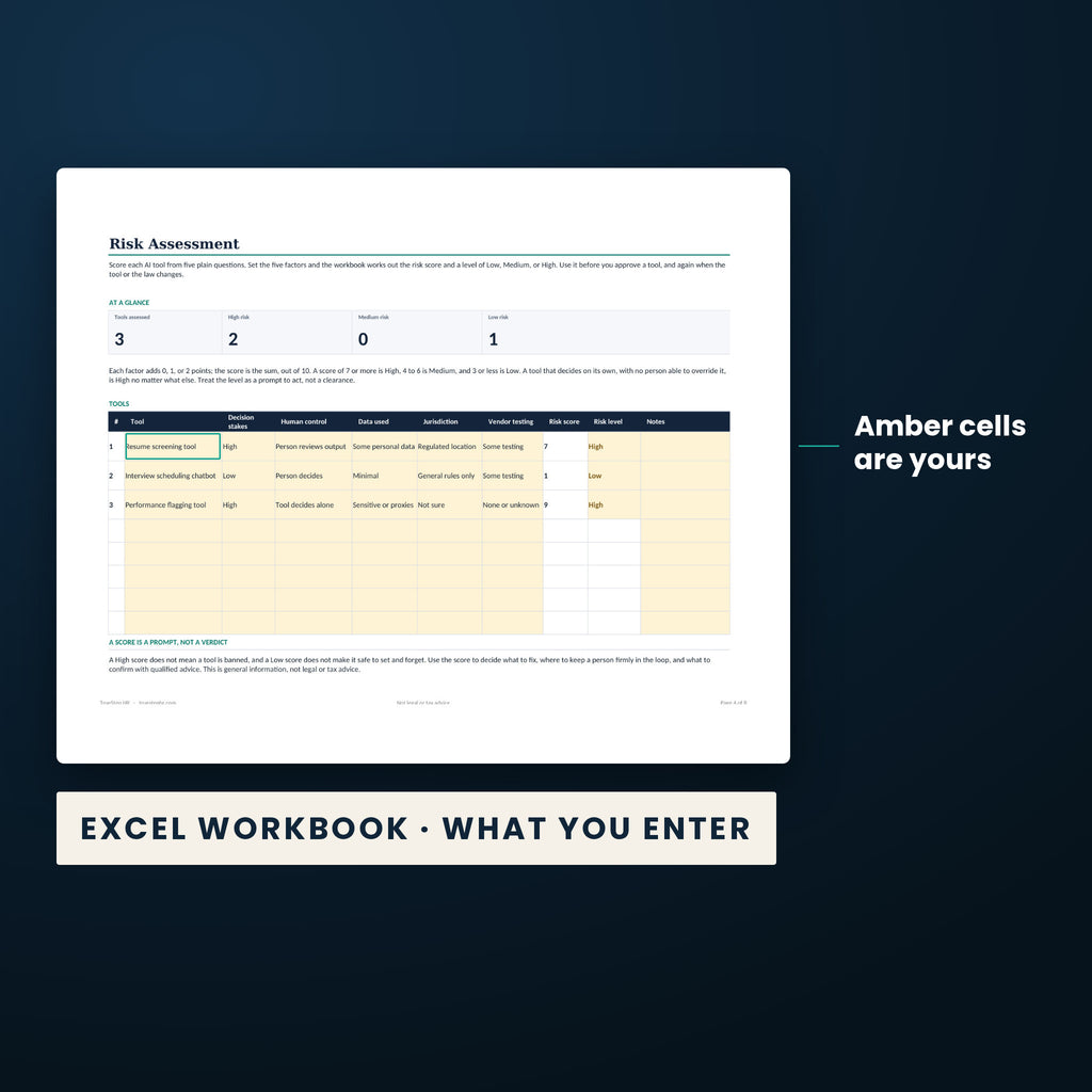 AI in HR Policy and Risk Checklist — the Excel workbook with the amber cells you fill in marked; the white cells calculate.