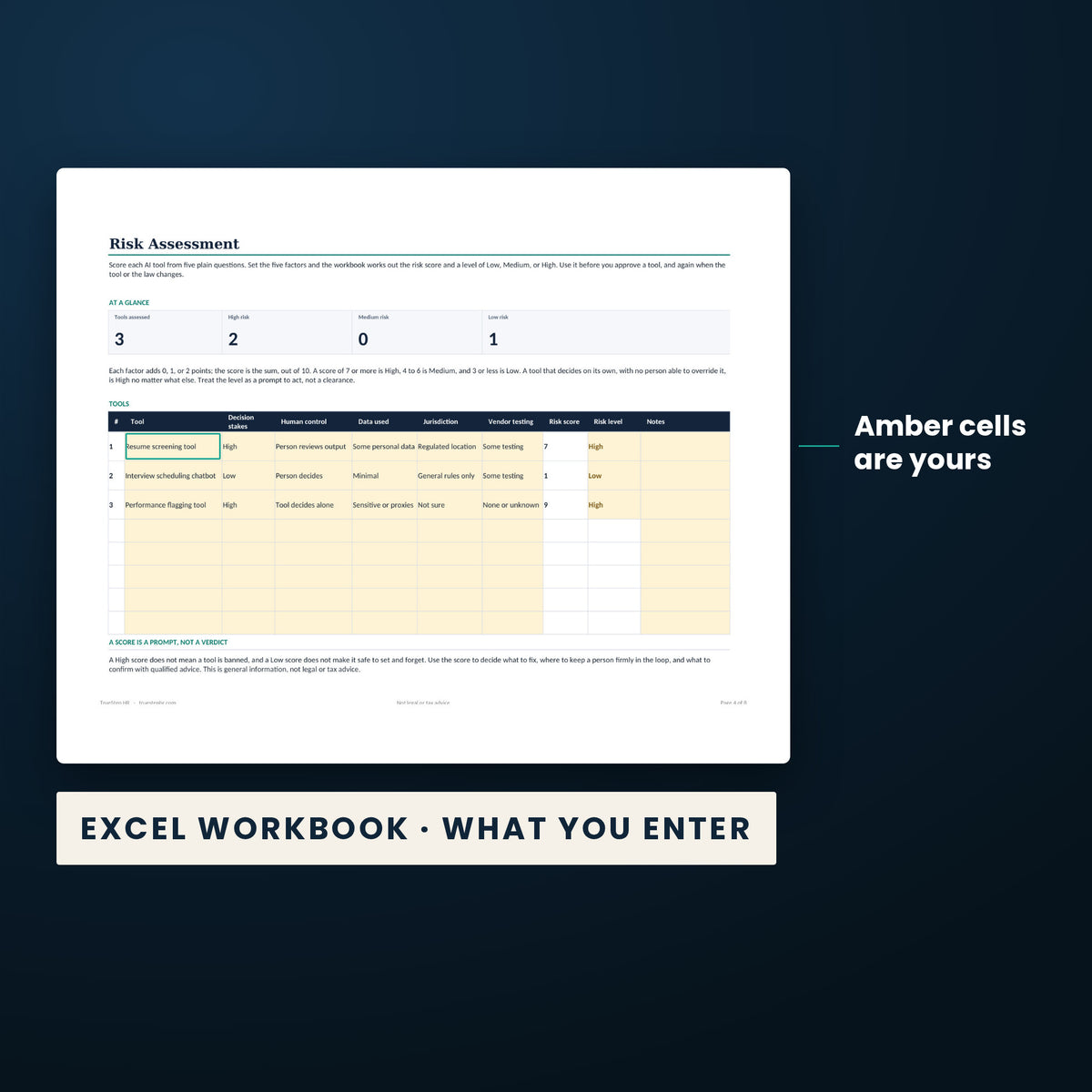 AI in HR Policy and Risk Checklist — the Excel workbook with the amber cells you fill in marked; the white cells calculate.