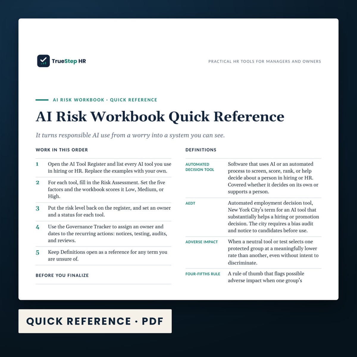 AI in HR Policy and Risk Checklist — a page from Quick Reference, one of the files in this download.