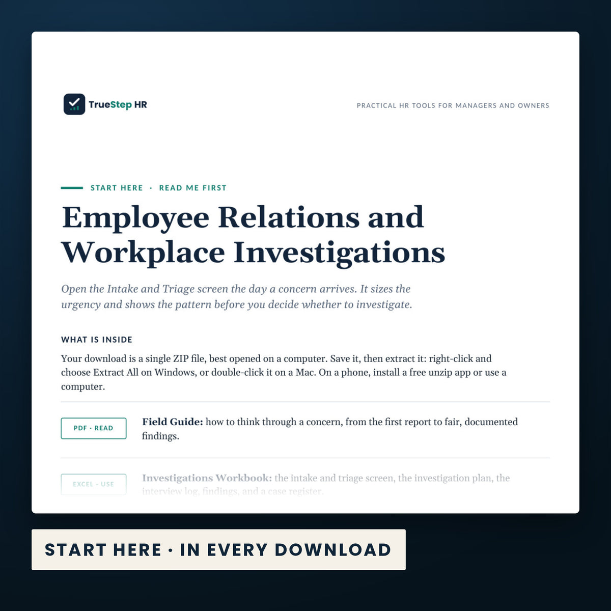 Employee Relations and Workplace Investigations Kit — the Start Here guide from the download, listing every file and the order to use them.
