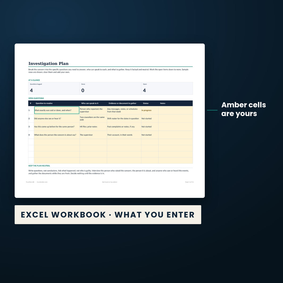Employee Relations and Workplace Investigations Kit — the Excel workbook with the amber cells you fill in marked; the white cells calculate.