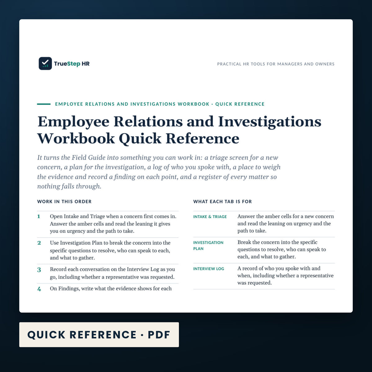 Employee Relations and Workplace Investigations Kit — a page from Quick Reference, one of the files in this download.
