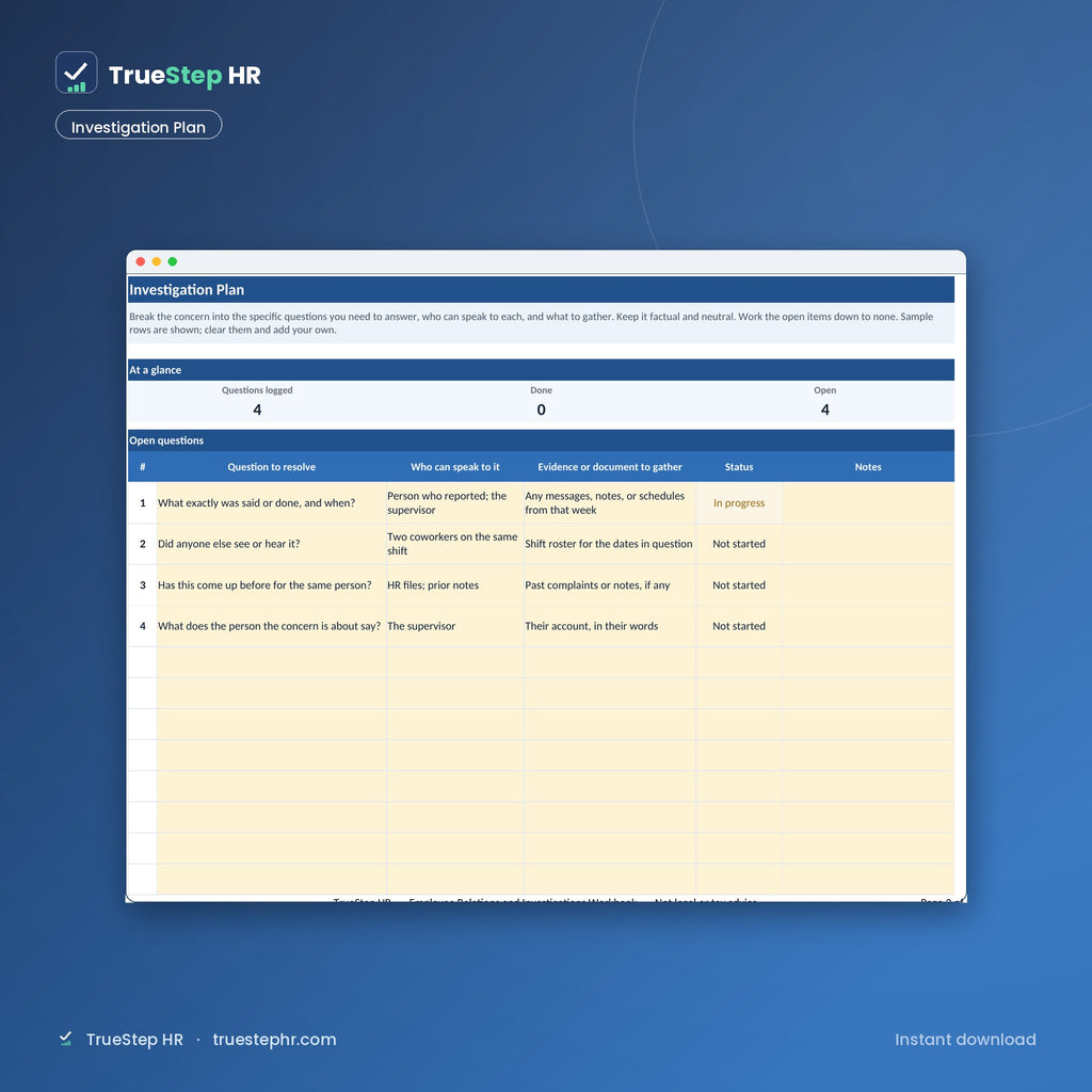 Workplace investigation plan and scope