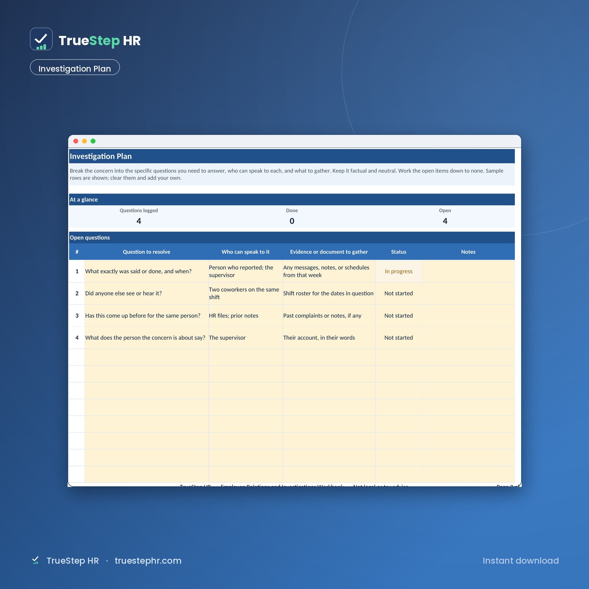 Workplace investigation plan and scope