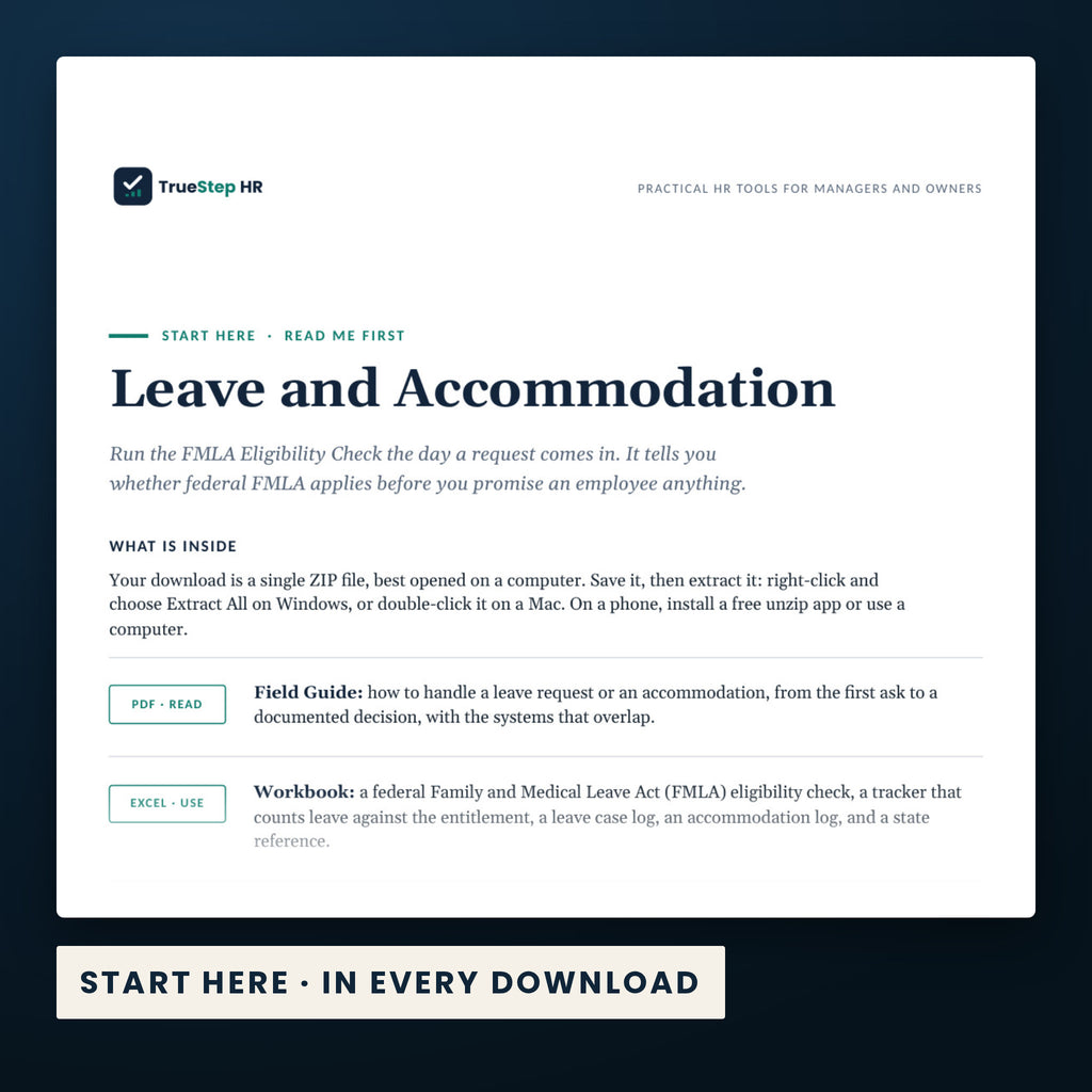 Leave and Accommodation Kit — the Start Here guide from the download, listing every file and the order to use them.