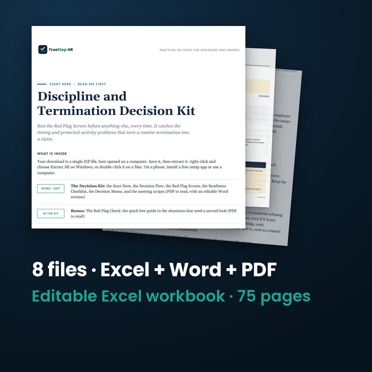 Discipline and Termination Decision Kit — the 8 files in this download shown as a stack of real pages: Excel + Word + PDF, 75 pages in all.