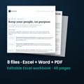 Retention and Stay Interview Action Kit — the 8 files in this download shown as a stack of real pages: Excel + Word + PDF, 48 pages in all.