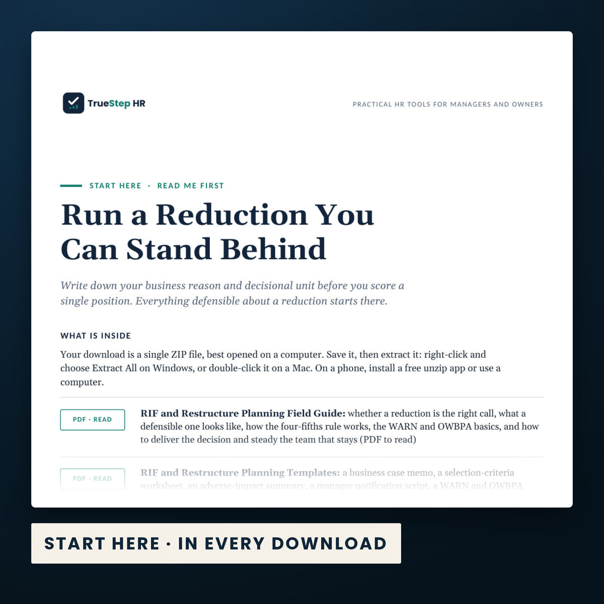 RIF / Restructure Planning Kit — the Start Here guide from the download, listing every file and the order to use them.