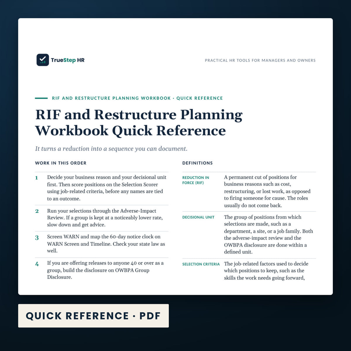 RIF / Restructure Planning Kit — a page from Quick Reference, one of the files in this download.