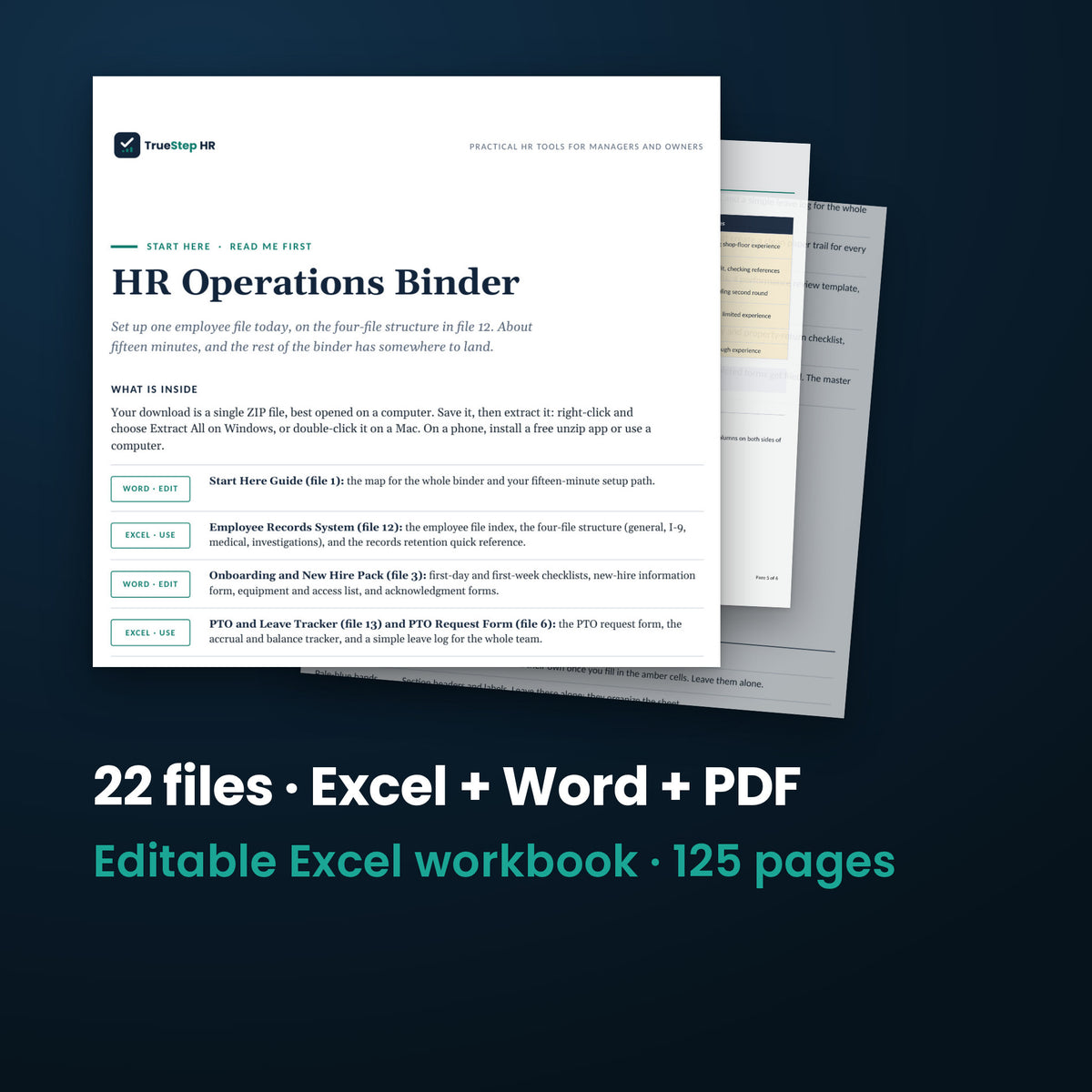 HR Operations Binder — the 22 files in this download shown as a stack of real pages: Excel + Word + PDF, 125 pages in all.