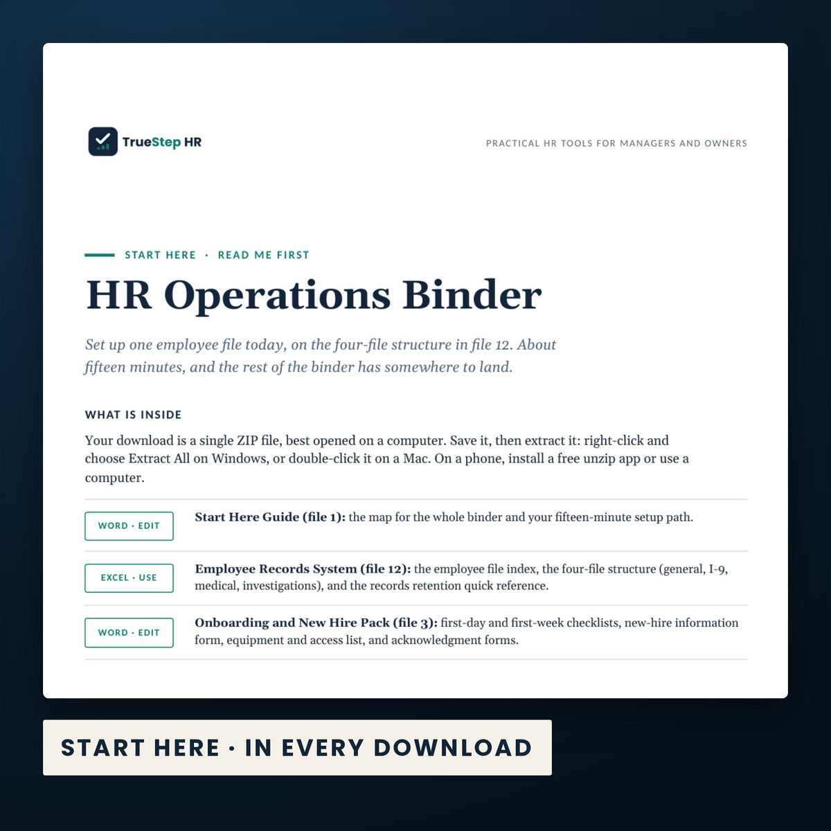 HR Operations Binder — the Start Here guide from the download, listing every file and the order to use them.