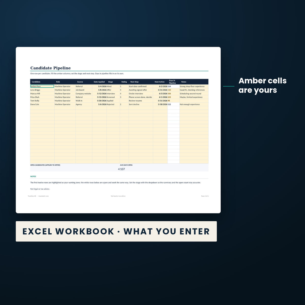 HR Operations Binder — the Excel workbook with the amber cells you fill in marked; the white cells calculate.
