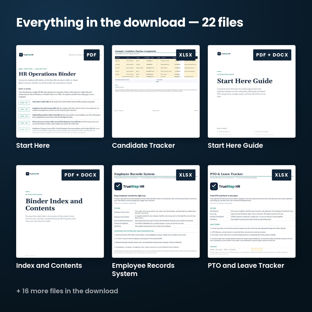 HR Operations Binder — every file in the download side by side: Start Here, Start Here Guide, Index and Contents, and more.