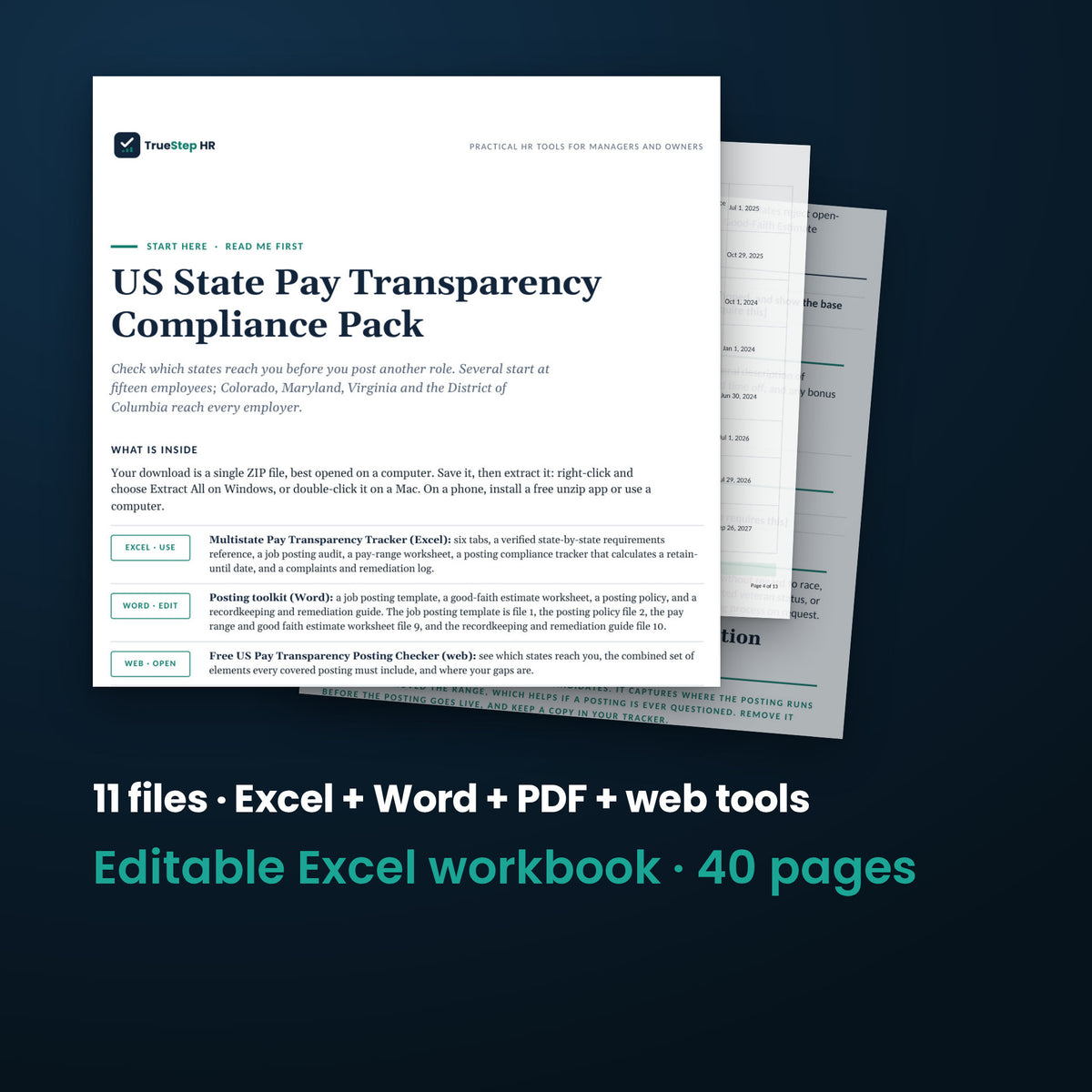 US State Pay Transparency Pack — the 11 files in this download shown as a stack of real pages: Excel + Word + PDF + web tools, 40 pages in all.