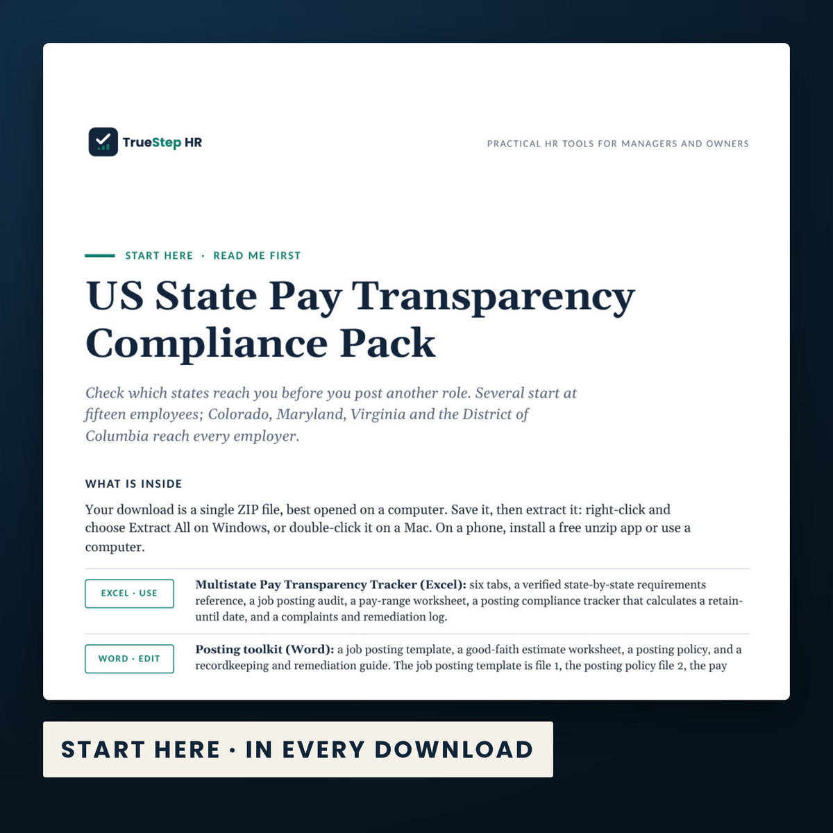 US State Pay Transparency Pack — the Start Here guide from the download, listing every file and the order to use them.