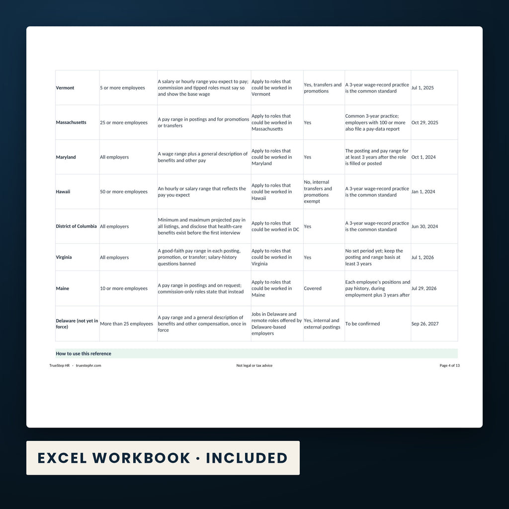 US State Pay Transparency Pack — a page from the Excel workbook included in the download.