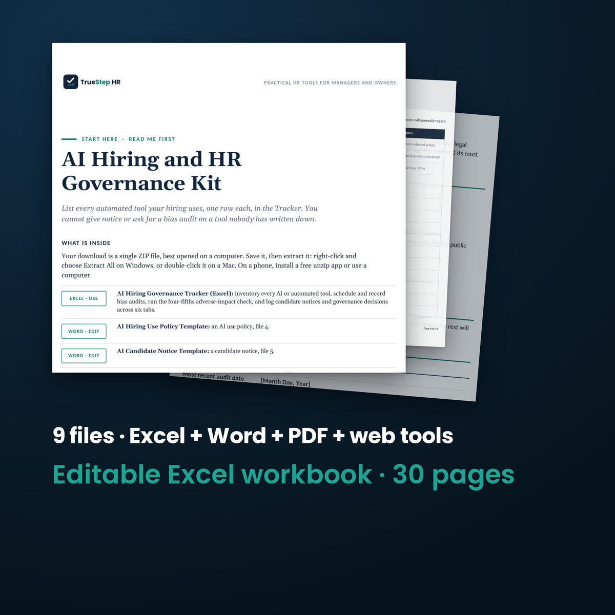 AI Hiring and HR Governance Kit — the 9 files in this download shown as a stack of real pages: Excel + Word + PDF + web tools, 30 pages in all.