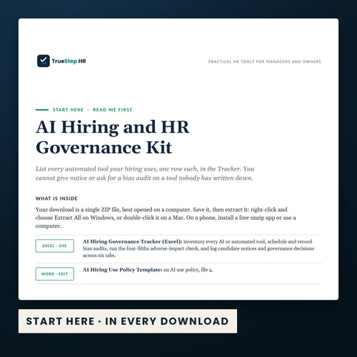 AI Hiring and HR Governance Kit — the Start Here guide from the download, listing every file and the order to use them.