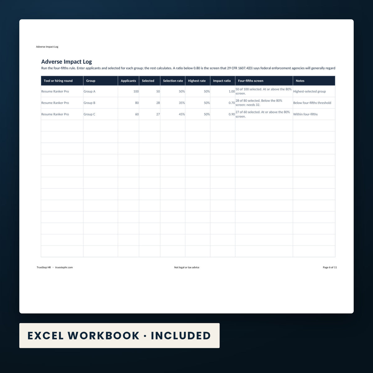 AI Hiring and HR Governance Kit — a page from the Excel workbook included in the download.