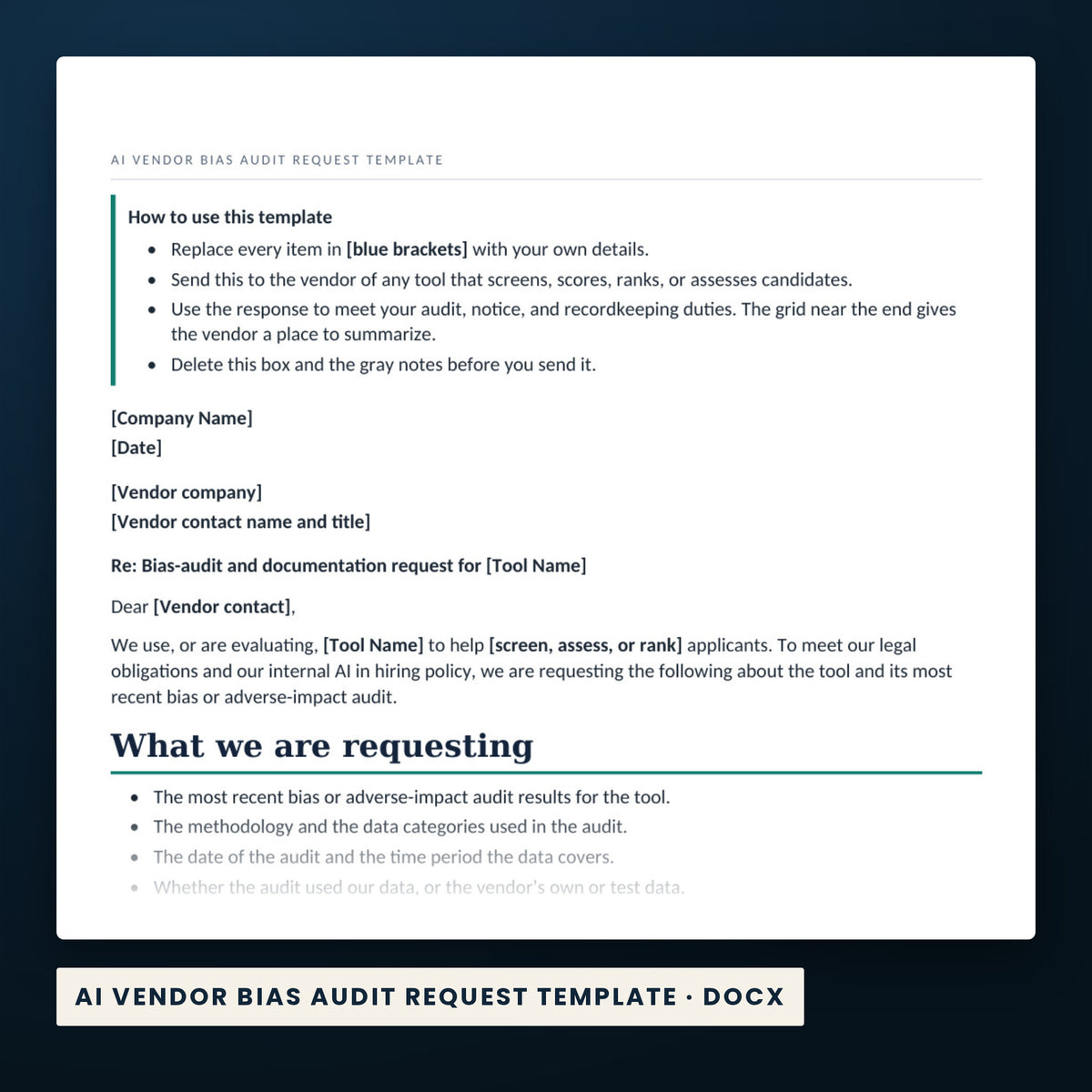 AI Hiring and HR Governance Kit — a page from AI Vendor Bias Audit Request Template, one of the files in this download.