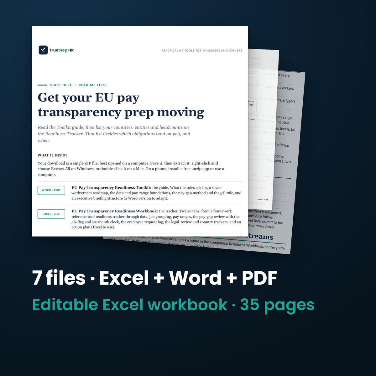 EU Pay Transparency Readiness Toolkit — the 7 files in this download shown as a stack of real pages: Excel + Word + PDF, 35 pages in all.