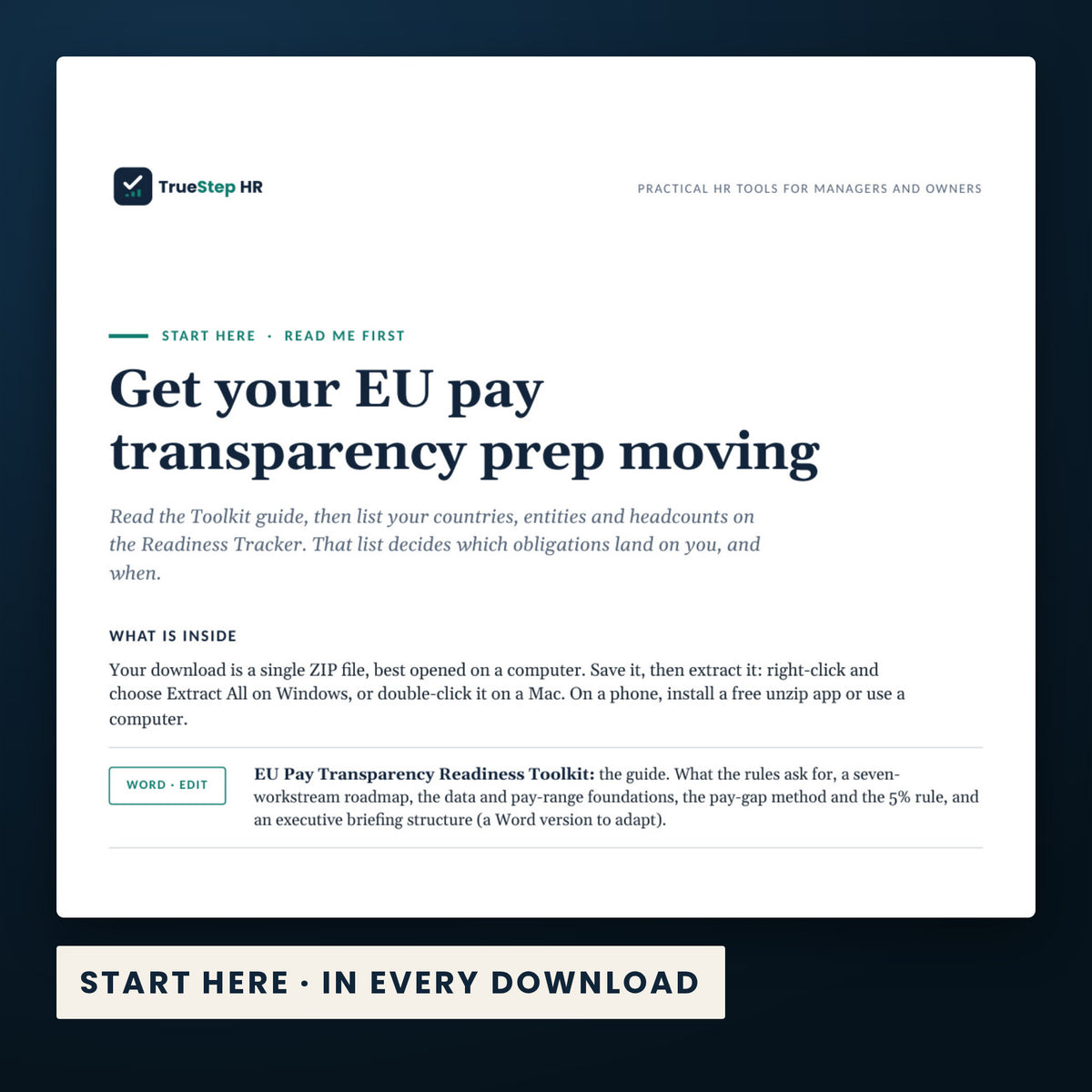 EU Pay Transparency Readiness Toolkit — the Start Here guide from the download, listing every file and the order to use them.