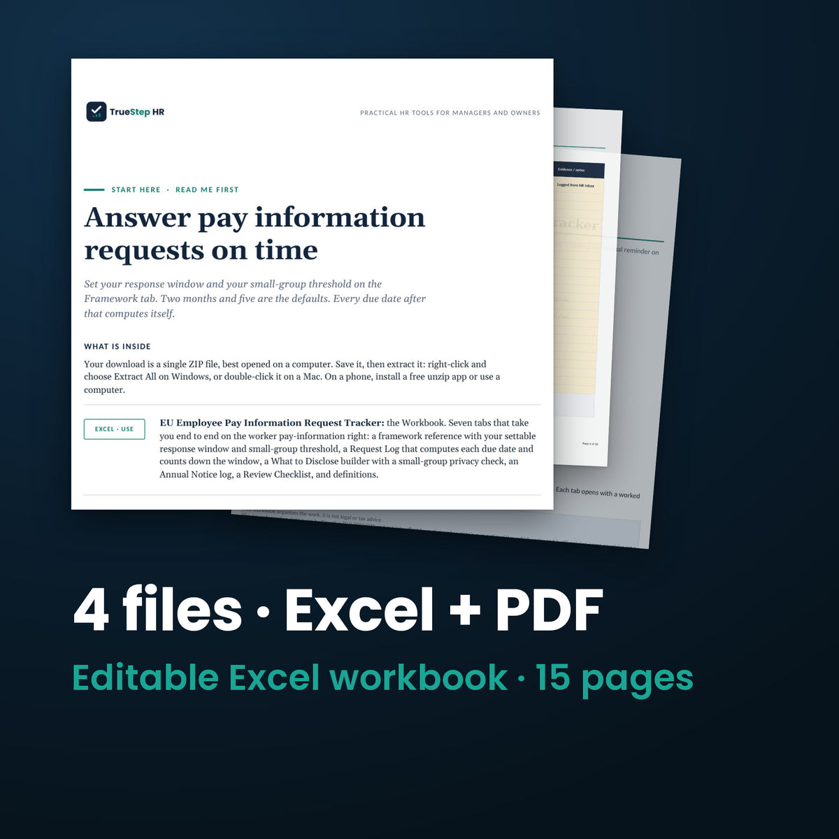 EU Employee Pay Information Request Tracker — the 4 files in this download shown as a stack of real pages: Excel + PDF, 15 pages in all.