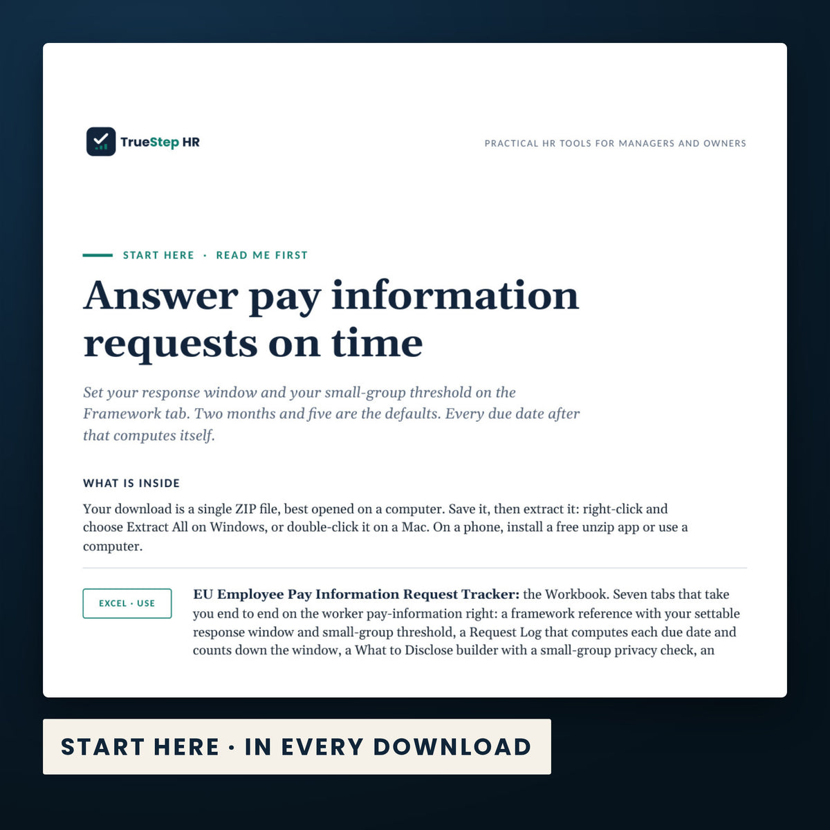 EU Employee Pay Information Request Tracker — the Start Here guide from the download, listing every file and the order to use them.