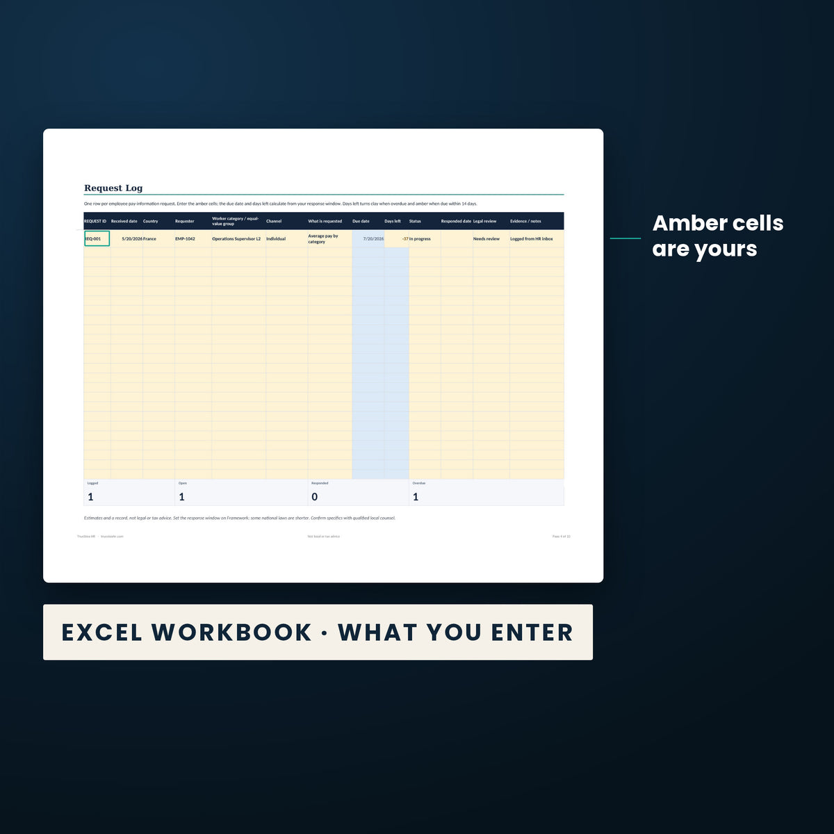EU Employee Pay Information Request Tracker — the Excel workbook with the amber cells you fill in marked; the white cells calculate.