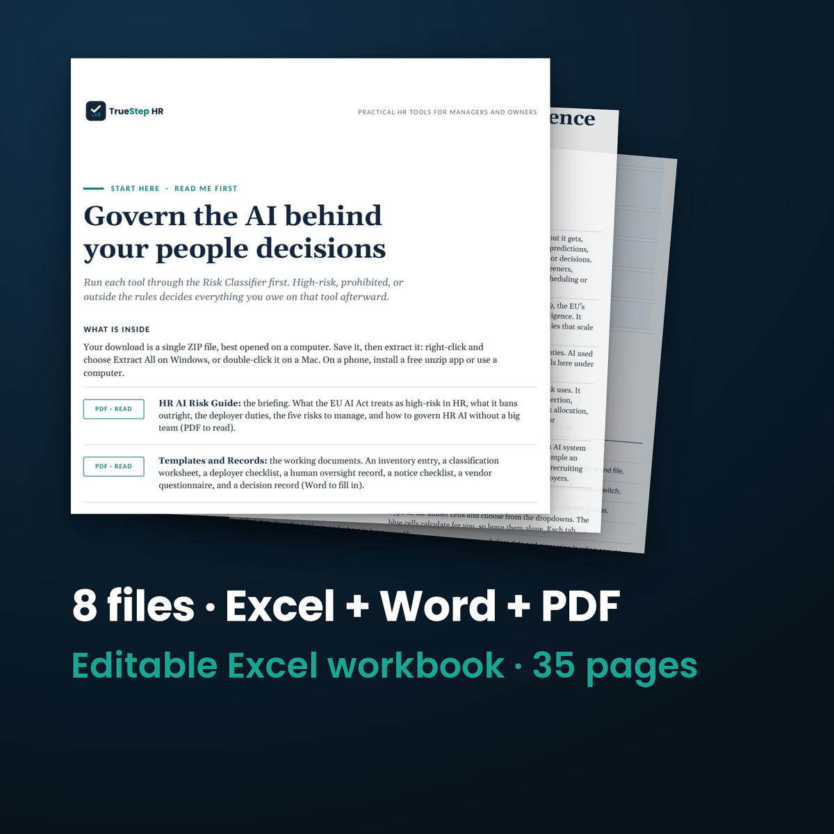 EU HR AI Risk Checklist — the 8 files in this download shown as a stack of real pages: Excel + Word + PDF, 35 pages in all.