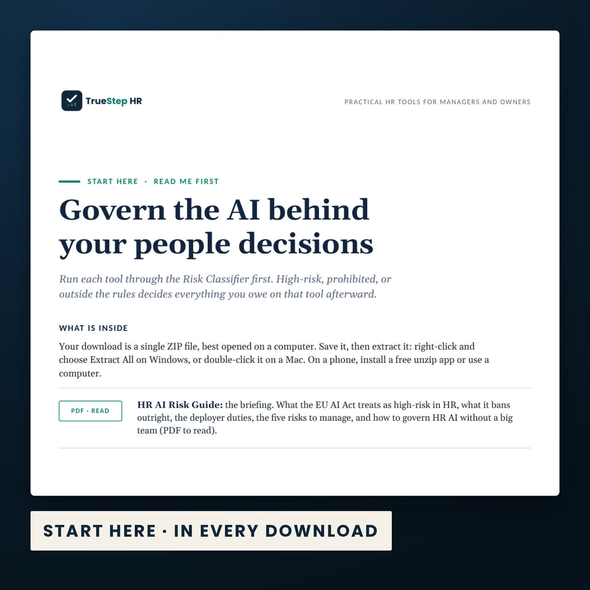 EU HR AI Risk Checklist — the Start Here guide from the download, listing every file and the order to use them.