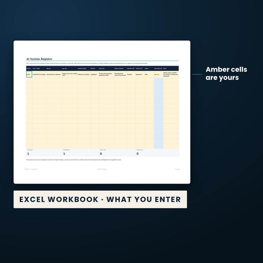 EU HR AI Risk Checklist — the Excel workbook with the amber cells you fill in marked; the white cells calculate.