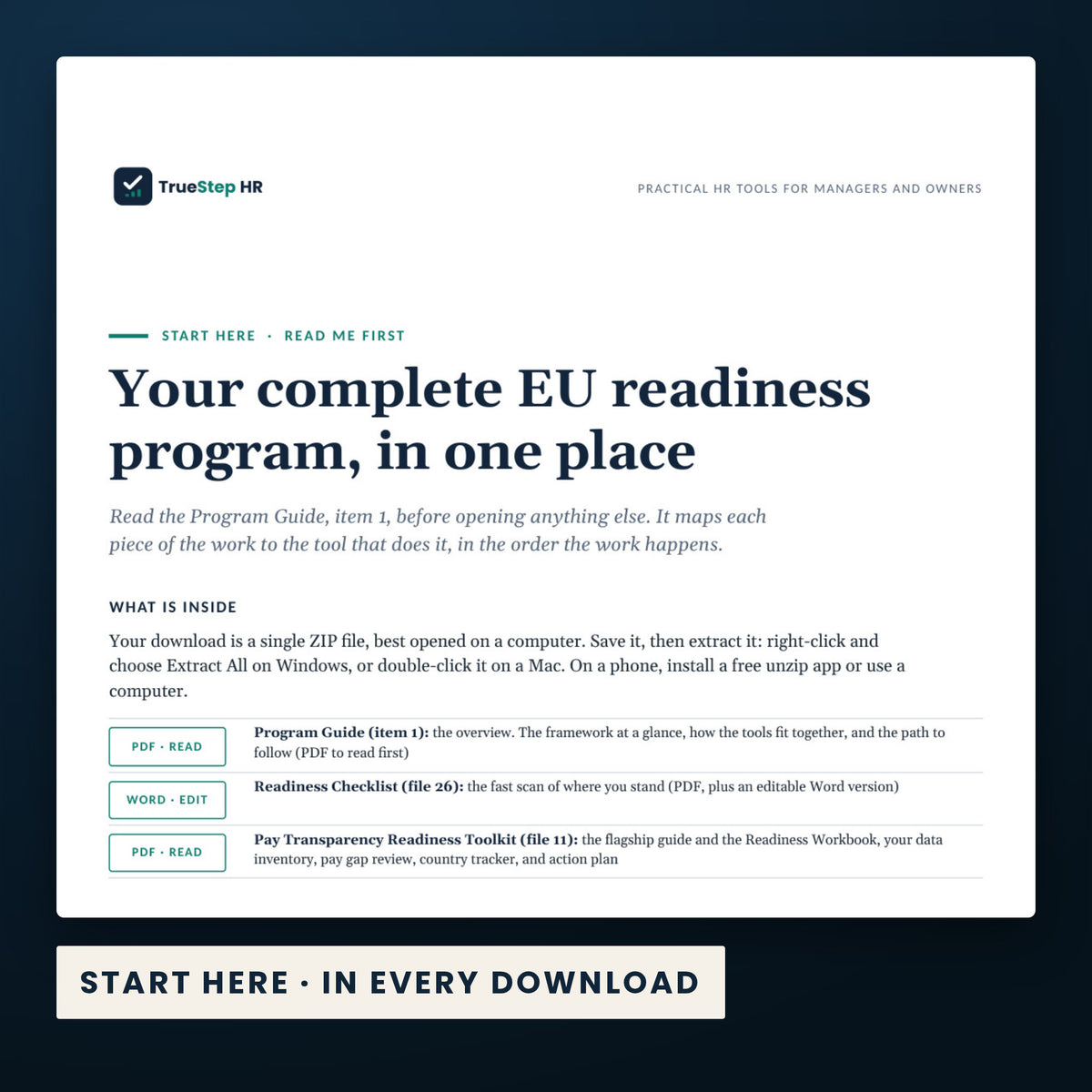 Global Employer EU Readiness Bundle — the Start Here guide from the download, listing every file and the order to use them.