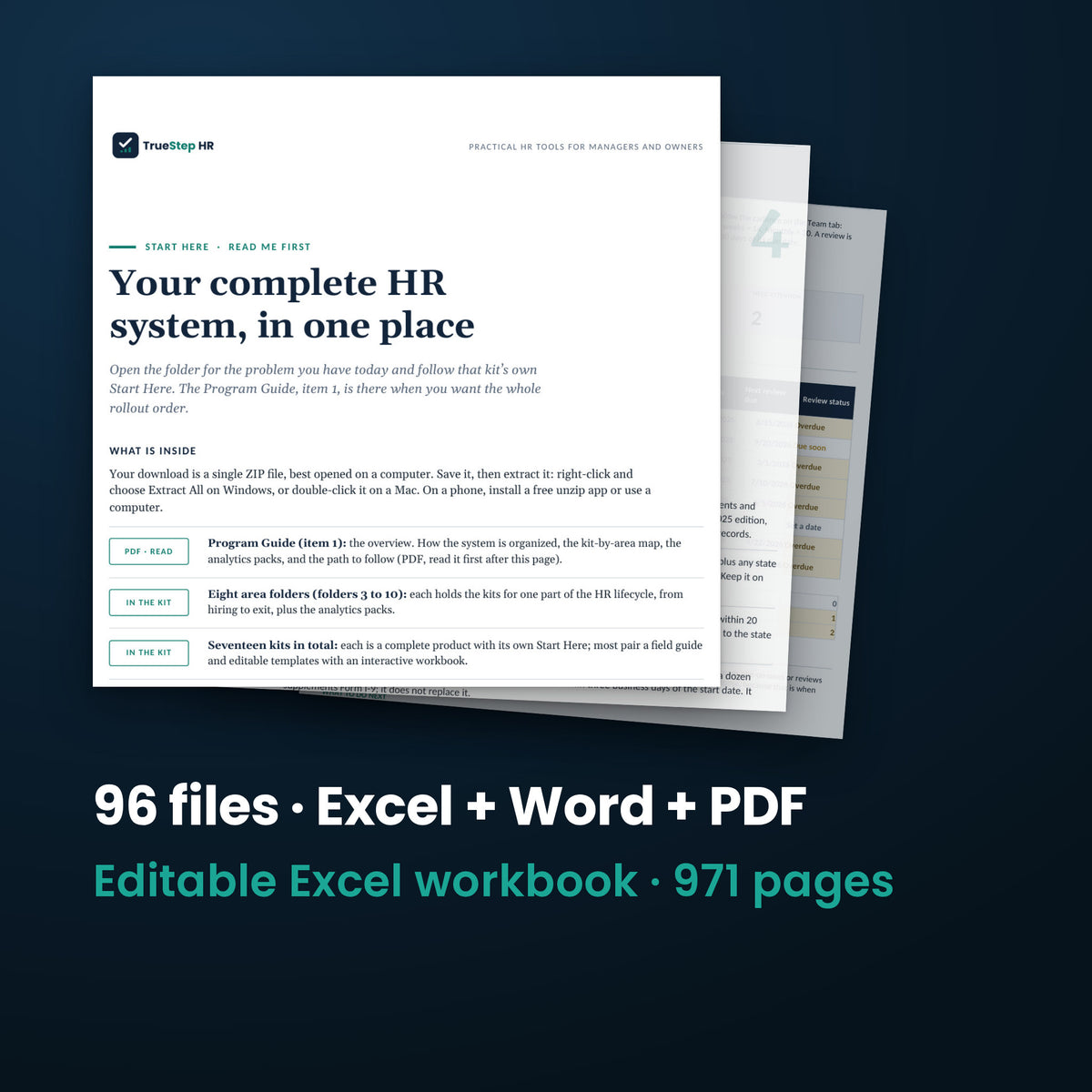 Complete TrueStep HR System — the 96 files in this download shown as a stack of real pages: Excel + Word + PDF, 971 pages in all.