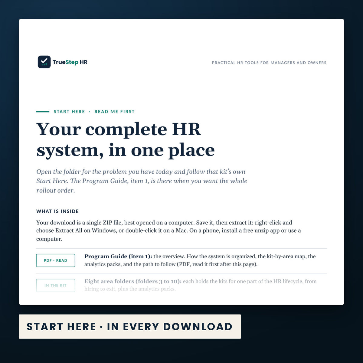 Complete TrueStep HR System — the Start Here guide from the download, listing every file and the order to use them.