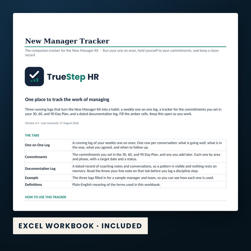 New Manager Kit — a page from the Excel workbook included in the download.