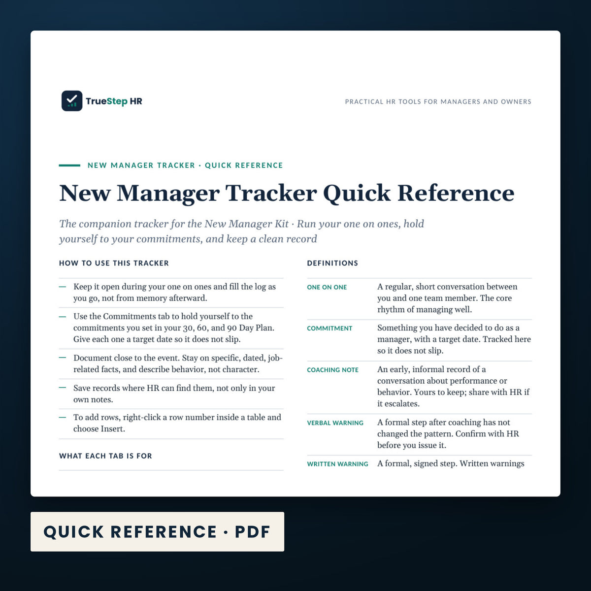 New Manager Kit — a page from Quick Reference, one of the files in this download.