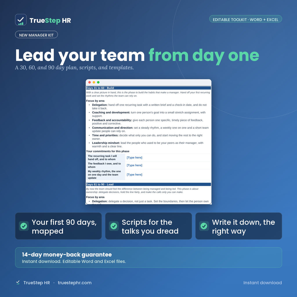 New Manager Kit: 30, 60, and 90 day plan, manager scripts, and editable templates