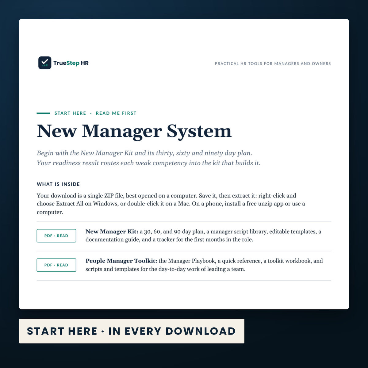 New Manager System — the Start Here guide from the download, listing every file and the order to use them.