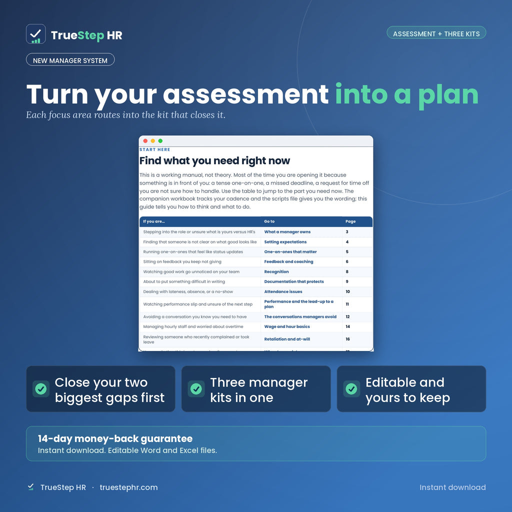 New Manager System: assessment plus three manager kits, the playbook, scripts, and a 30, 60, and 90 day plan