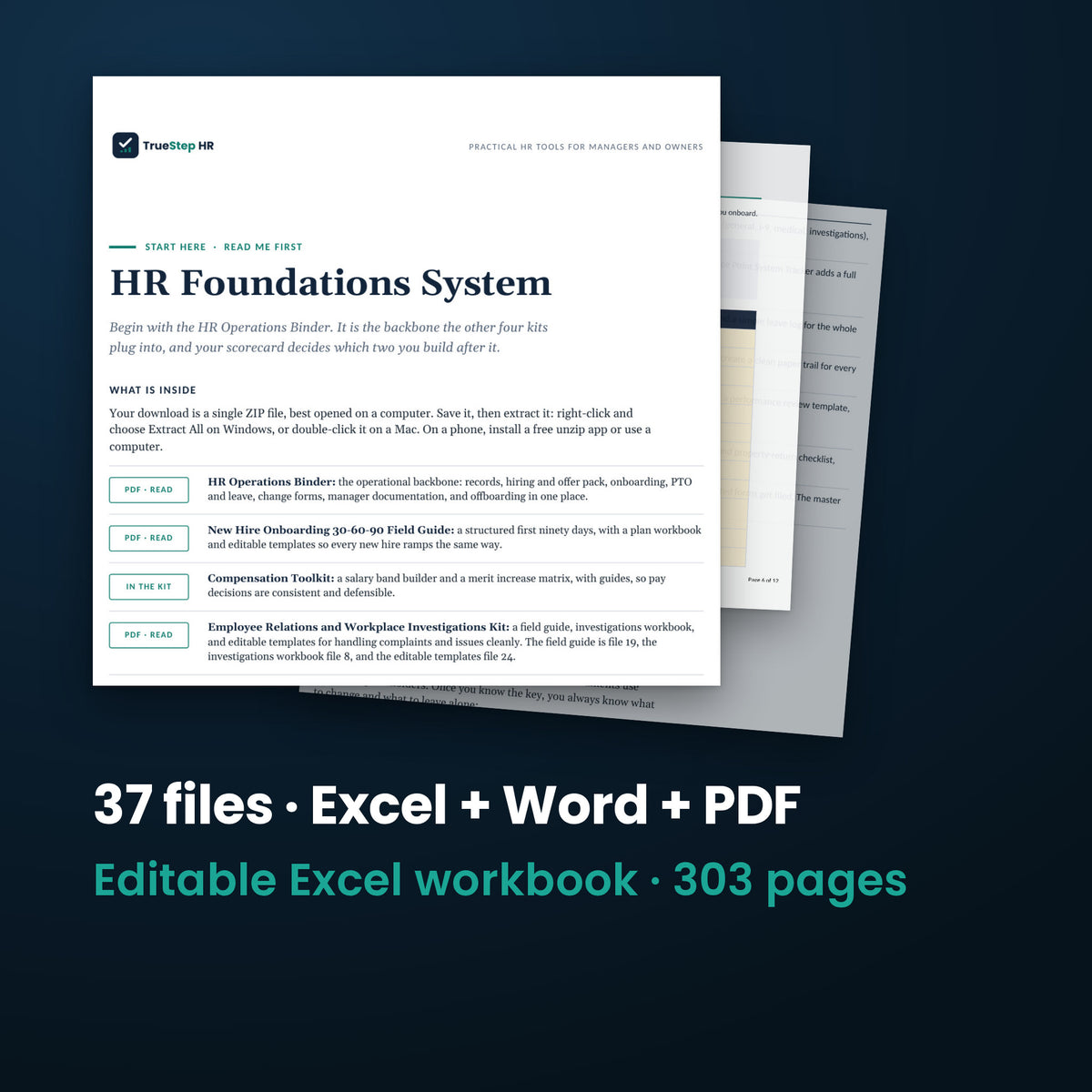 HR Foundations Bundle — the 37 files in this download shown as a stack of real pages: Excel + Word + PDF, 303 pages in all.