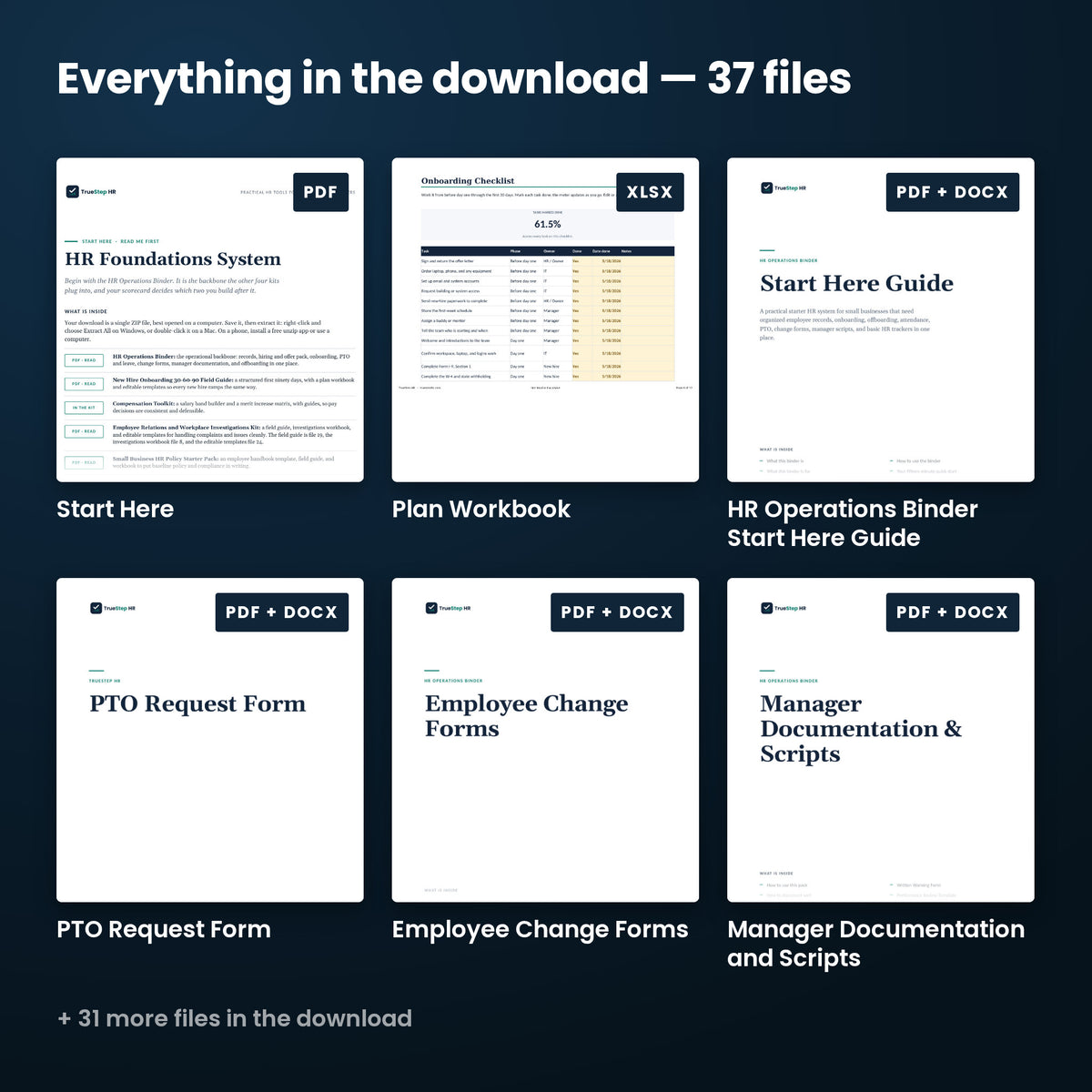 HR Foundations Bundle — every file in the download side by side: Start Here, HR Operations Binder Start Here Guide, Plan Workbook, and more.