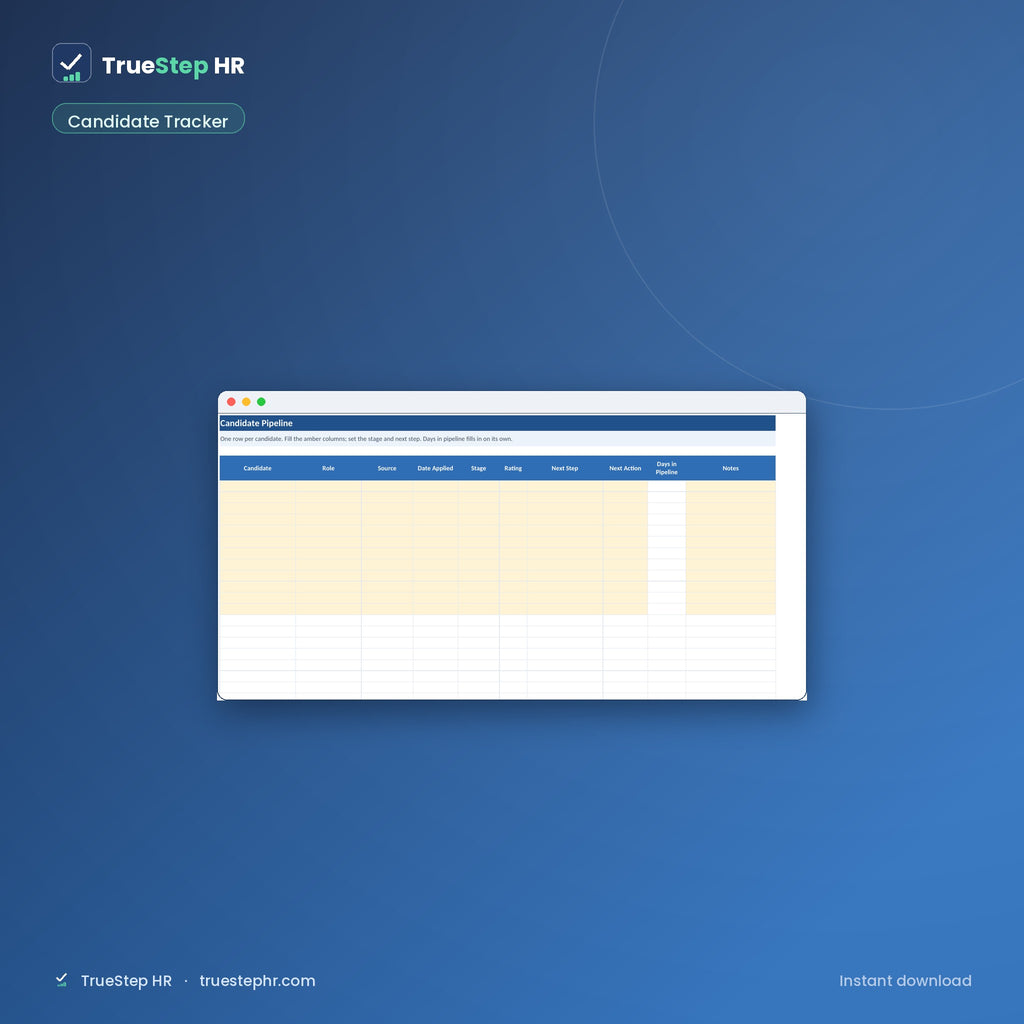 Candidate Tracker: one row per candidate from application to hire